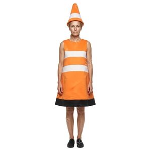 Adult 2 Pc Orange White Traffic Road Safety Cone Novelty Costume W/Hat One Size